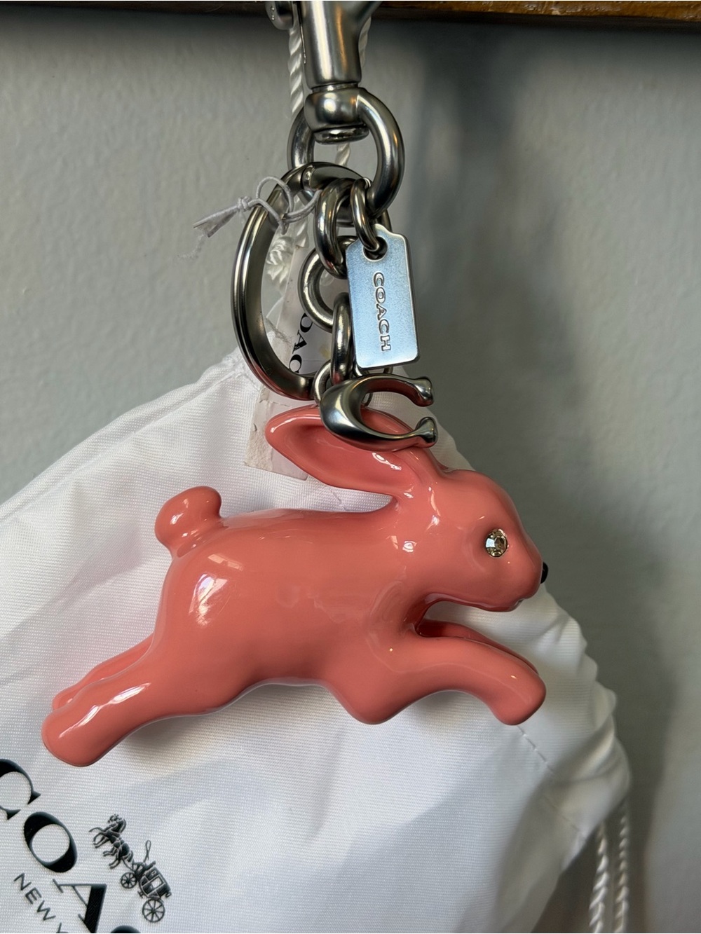 NWT Coach Bunny Rabbit Bag Charm Keychain Fob Coral Pink Silver CBH21 W/Dust Bag